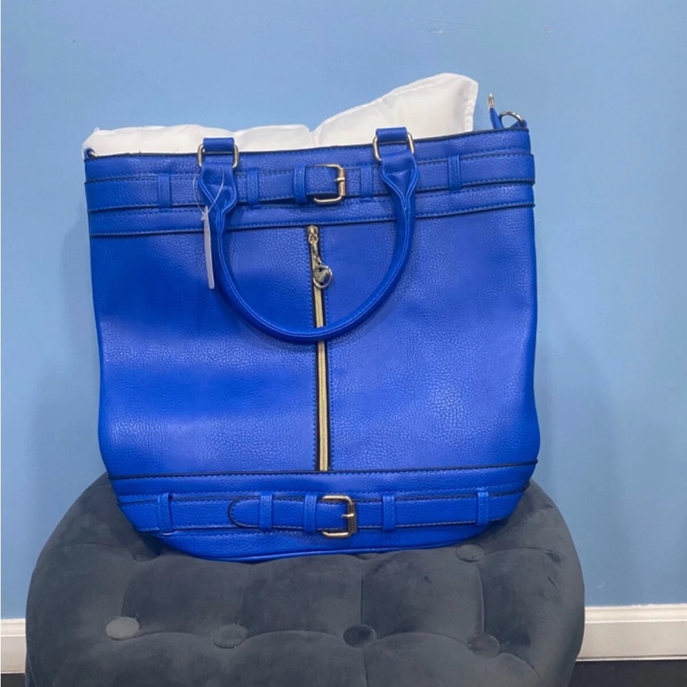 Blue Leather Tote Bag with Zip Front